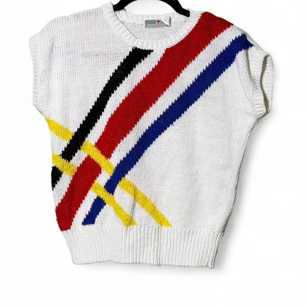French Navy Size S White Multicolored Striped Sleeveless Knit Sweater Top